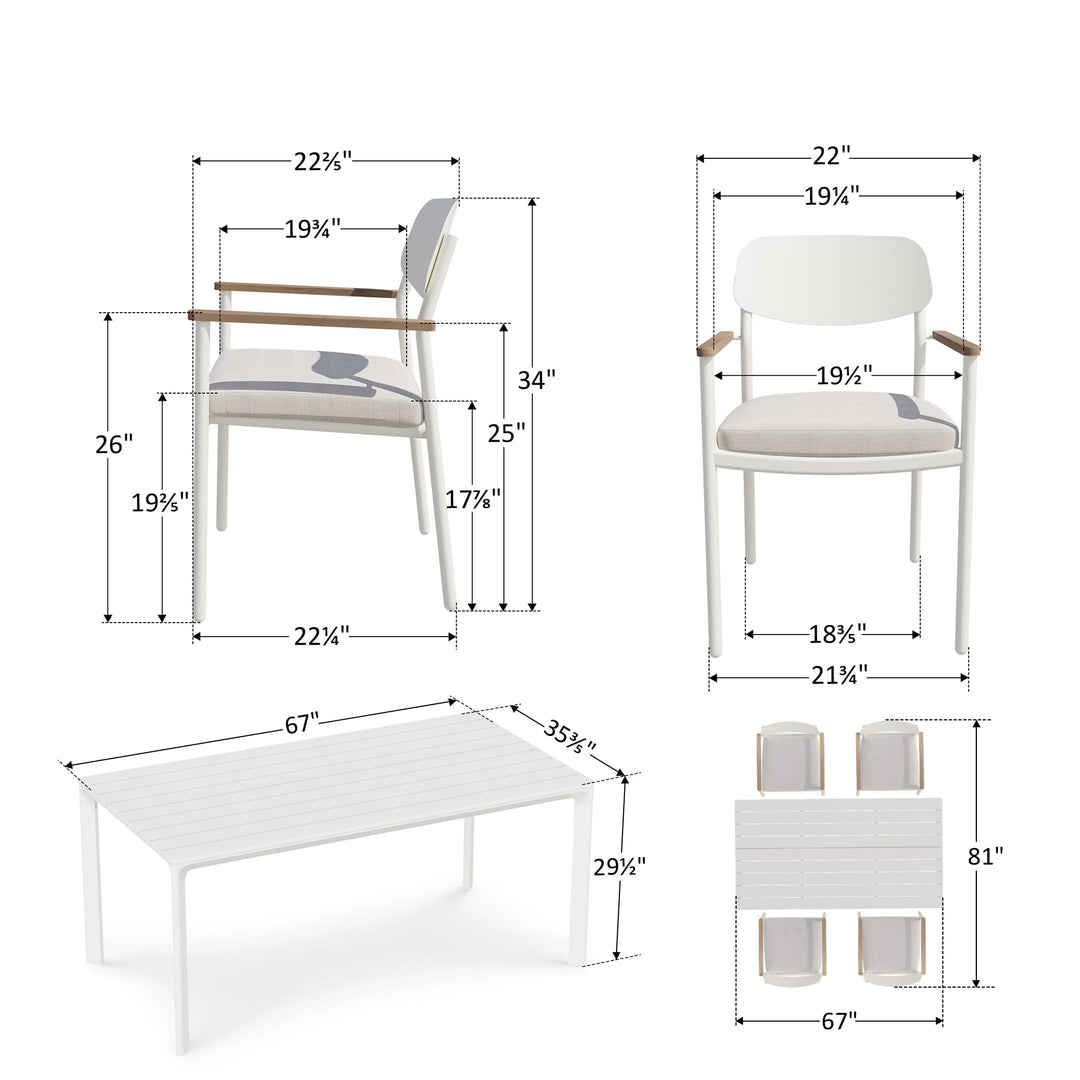 5-teiliges Outdoor-Esszimmer-Set aus Aluminium mit Seilstühlen