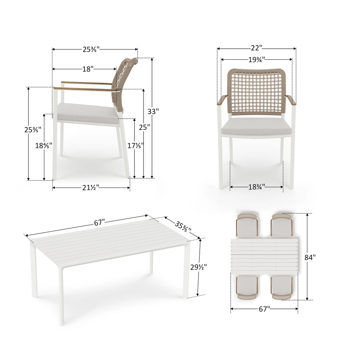 5-teiliges Outdoor-Esszimmer-Set aus Aluminium mit Seilstühlen