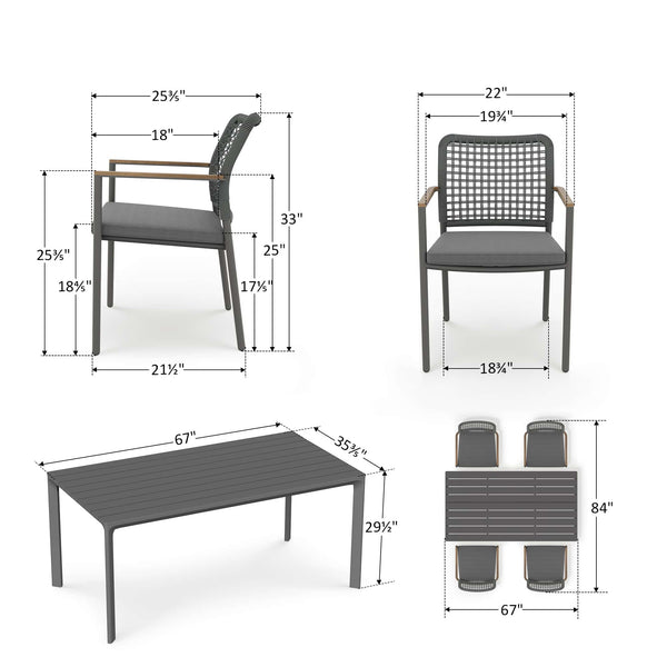 5-Piece Aluminum Outdoor Dining Set with Rope Chairs