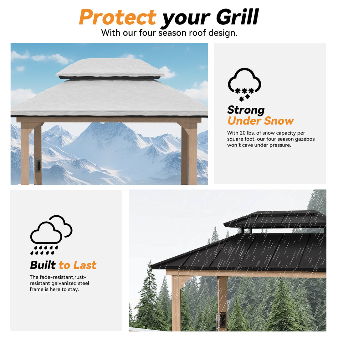 Modern Shade Grill Gazebo 6' X 8' Aluminum with Shelves Ceiling Hook and Galvanized Steel Roof for Wood Look Design