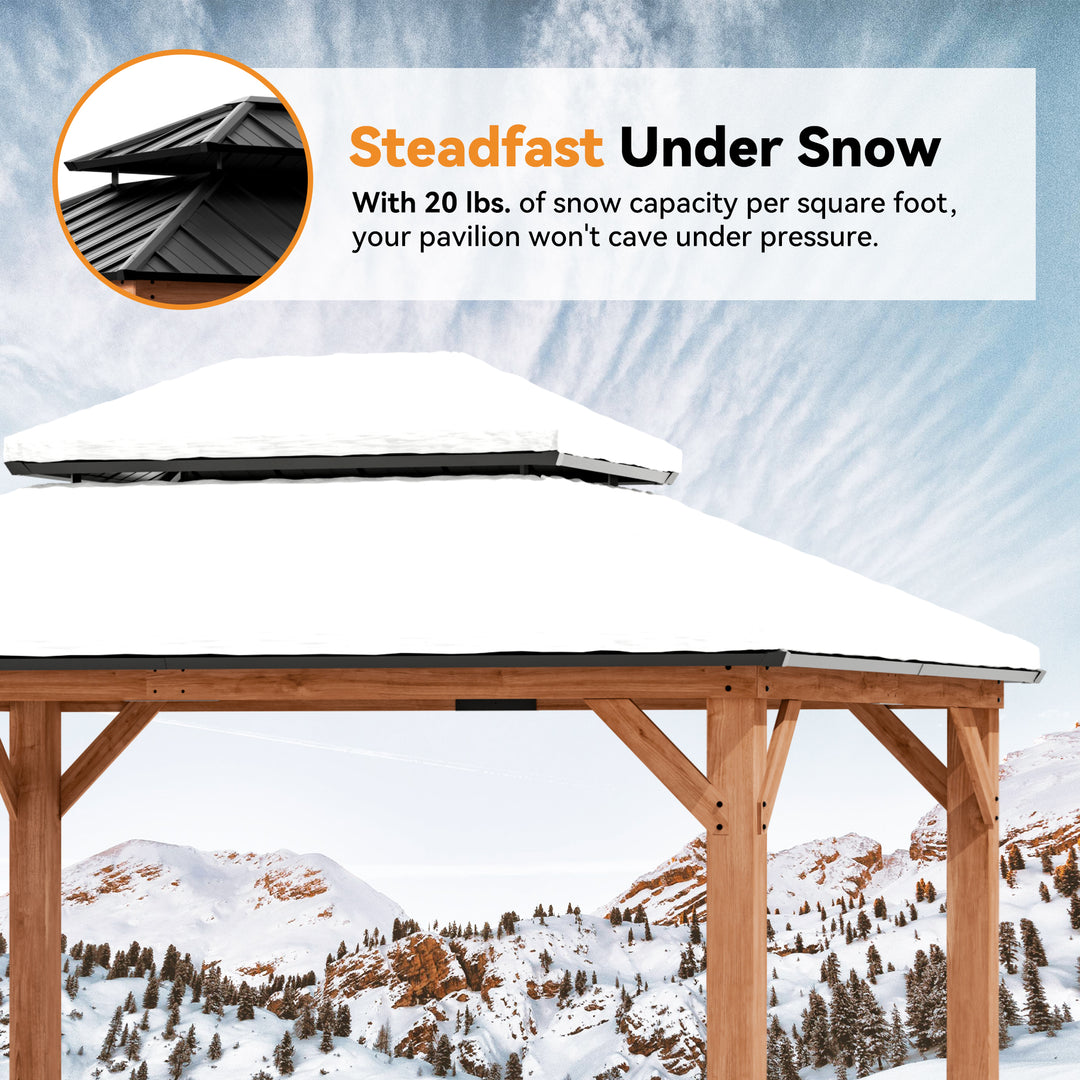 Modern Shade Rosewood Wood Gazebo 10' x 12', Cedar Framed Grill Gazebo with Double Galvanized Steel Roof, Permanent Hardtop Pavilion with Sturdy Hooks for Garden, Backyard, Patio, and Deck