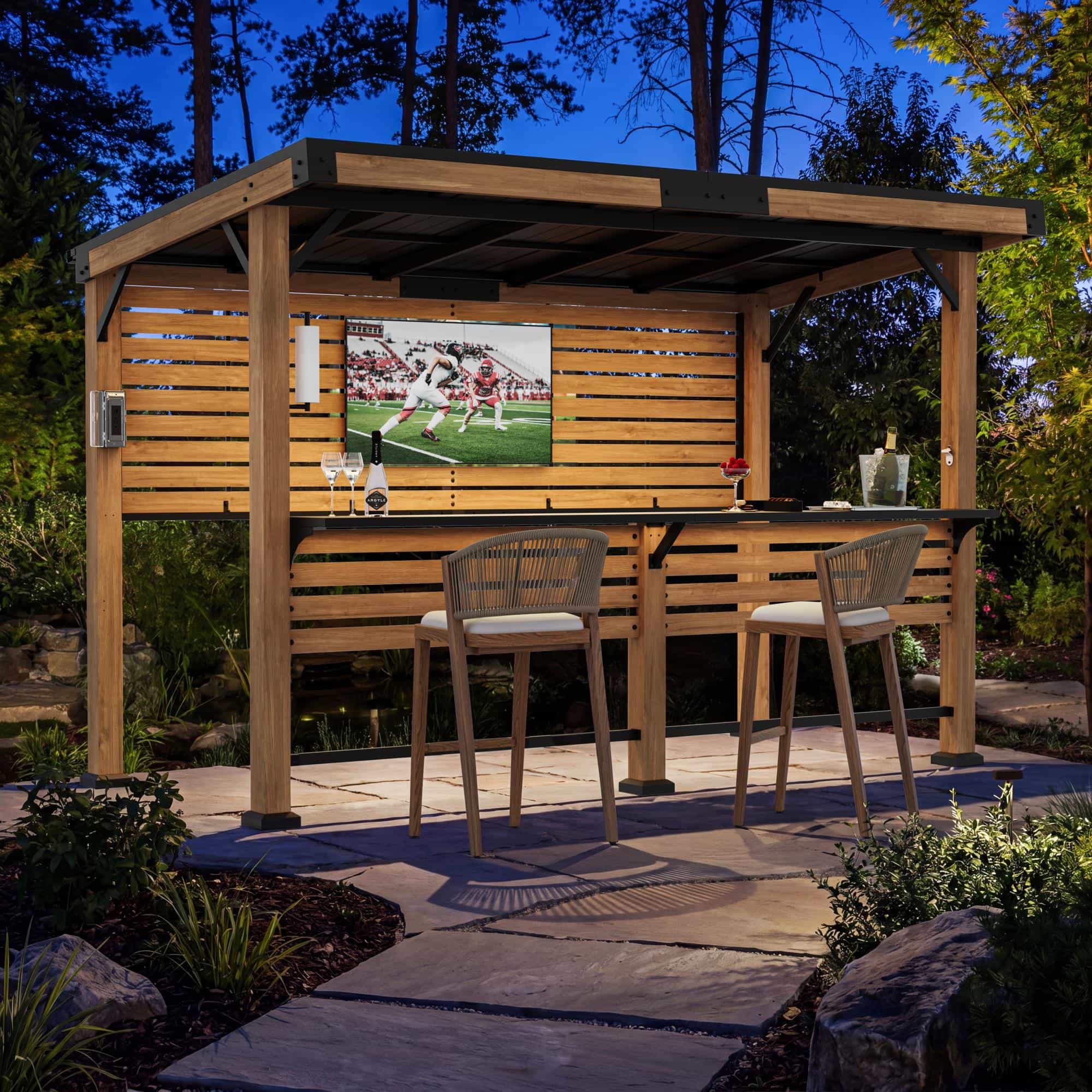 6'x11' Woodberry Cedar Hardtop Gazebo with TV Mount – Modern Shade