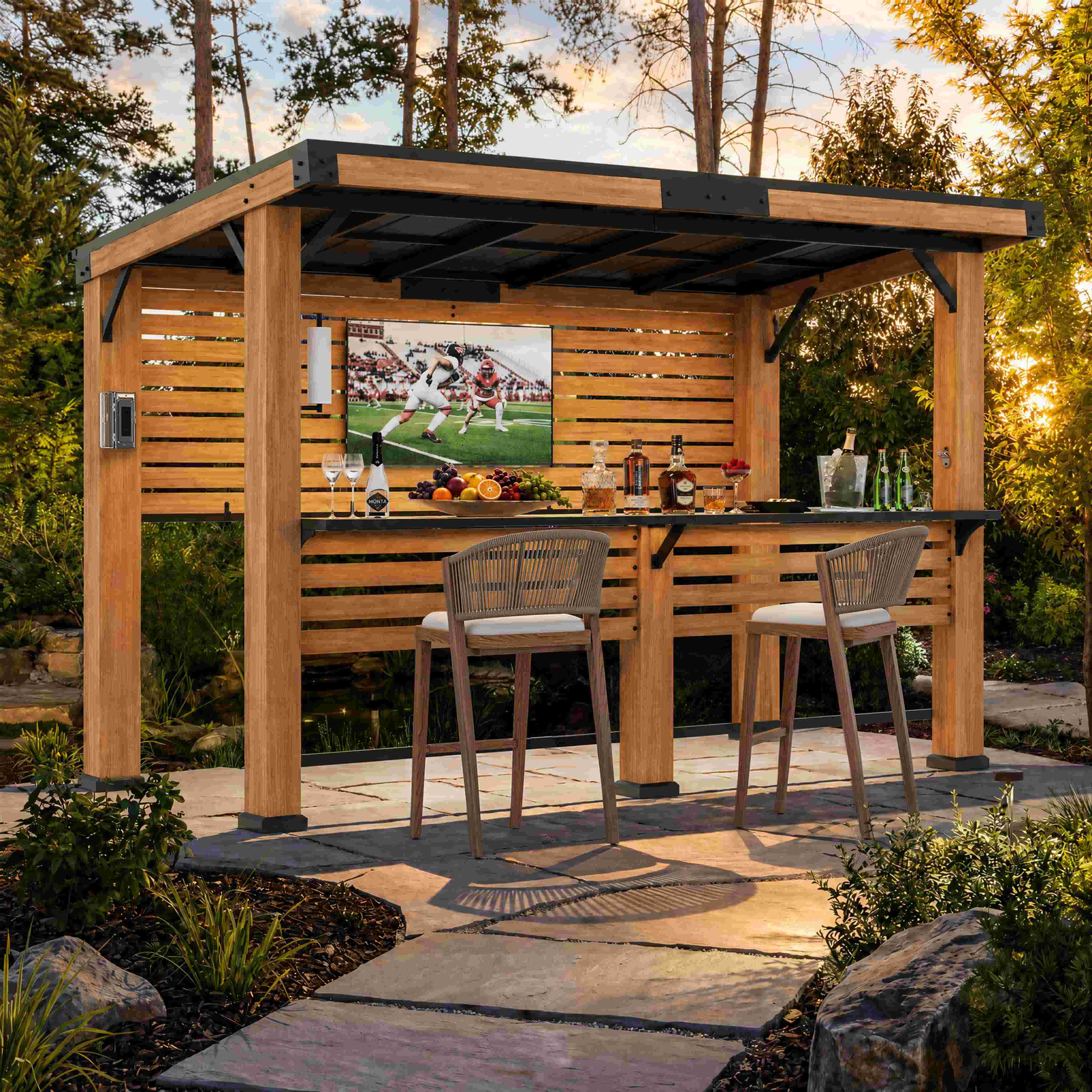 6'x11' Woodberry Cedar Hardtop Gazebo with TV Mount – Modern Shade