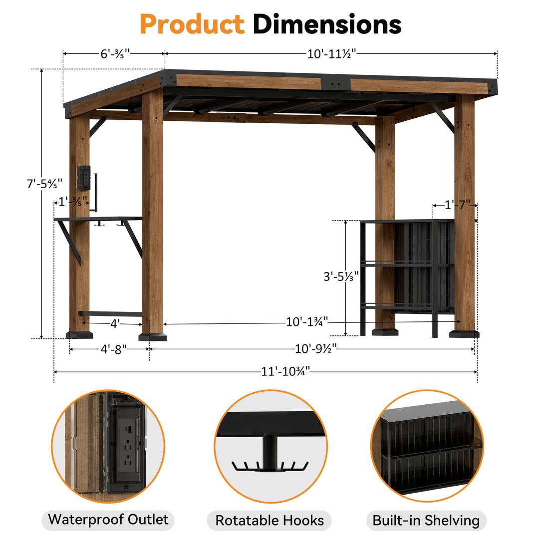 Modern Shade Woodberry Grill Gazebo 6' X 12' Cedar Wood Gazebo with dual bar tops & Shelves Patio Gazebo with USB and USB-C Charging Ports