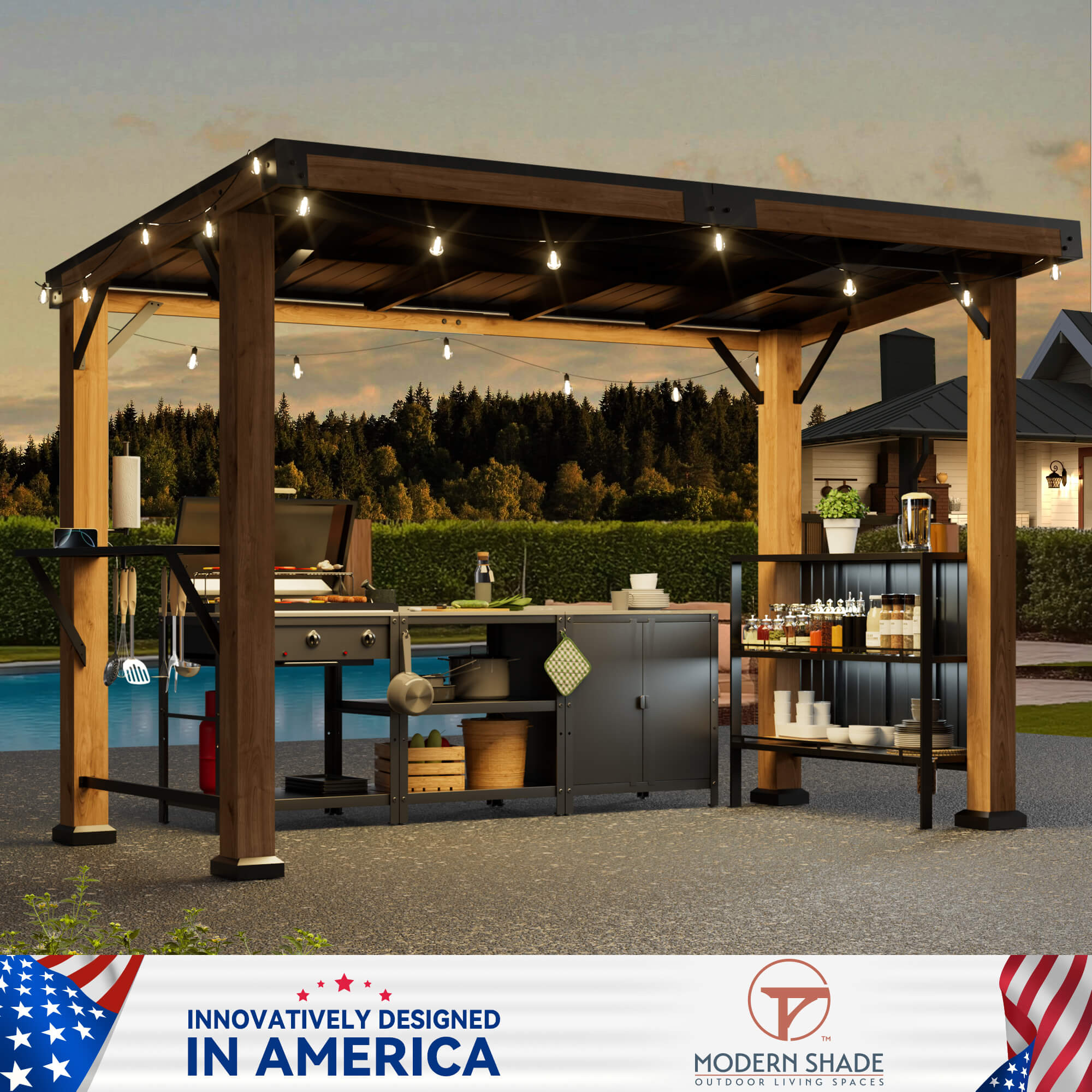 6'x12' Woodberry Cedar Hardtop Gazebo with Dual Bar Counters