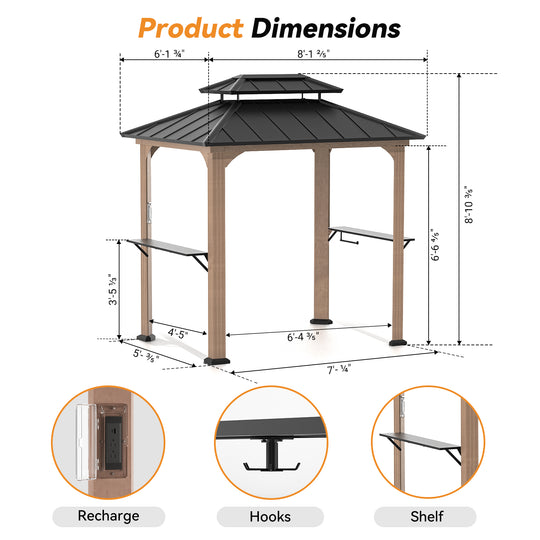 Modern Shade Grill Gazebo 6' X 8' Aluminum with Shelves Ceiling Hook and Galvanized Steel Roof for Wood Look Design