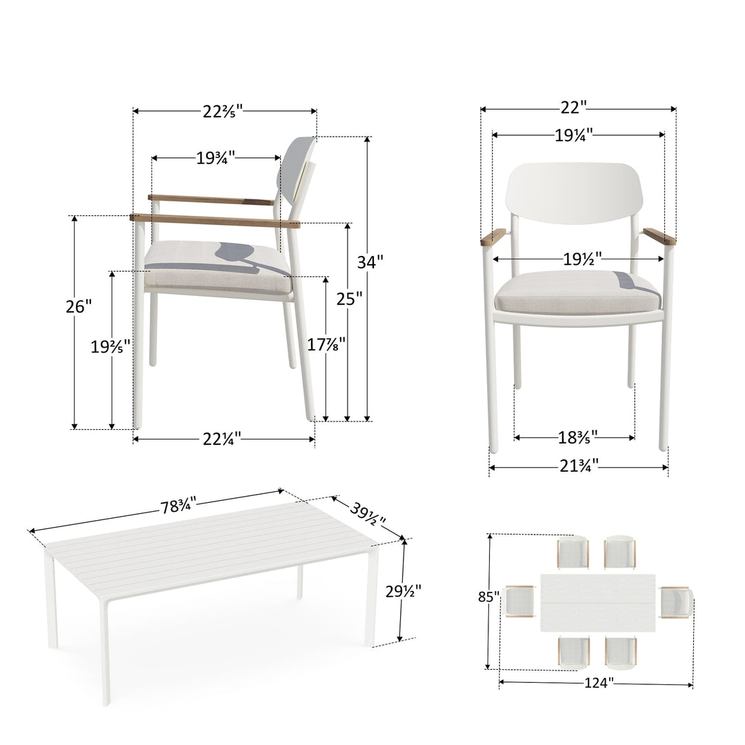 5-teiliges Outdoor-Esszimmer-Set aus Aluminium mit Seilstühlen