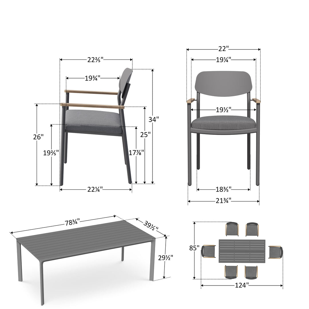 5-teiliges Outdoor-Esszimmer-Set aus Aluminium mit Seilstühlen
