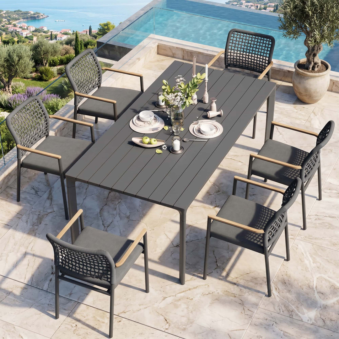 7-teiliges Outdoor-Esszimmer-Set aus Aluminium mit Seilstühlen