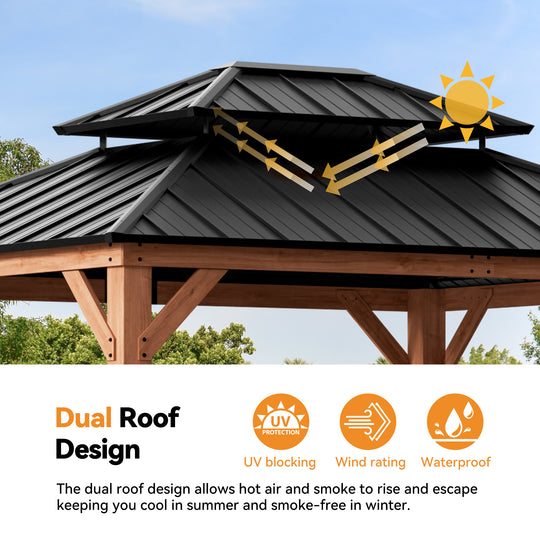 Modern Shade Rosewood Wood Gazebo 10' x 12', Cedar Framed Grill Gazebo with Double Galvanized Steel Roof, Permanent Hardtop Pavilion with Sturdy Hooks for Garden, Backyard, Patio, and Deck