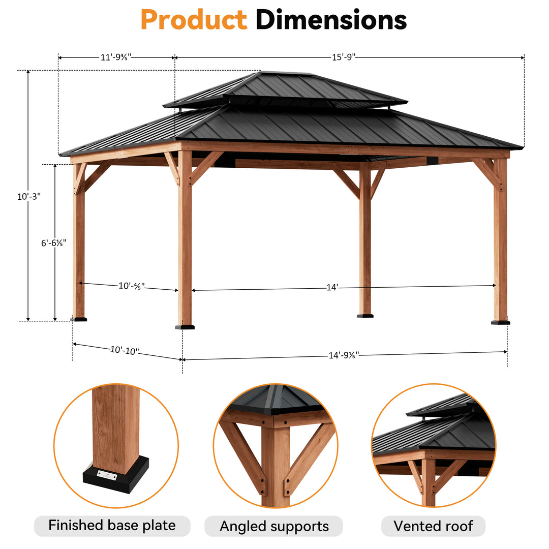 Modern Shade Rosewood Wood Gazebo 12' x 16', Cedar Framed Wooden Gazebo with Double Galvanized Steel Roof, Permanent Hardtop Wood Grill Gazebo with Sturdy Hooks for Garden, Backyard, Patio, and Deck