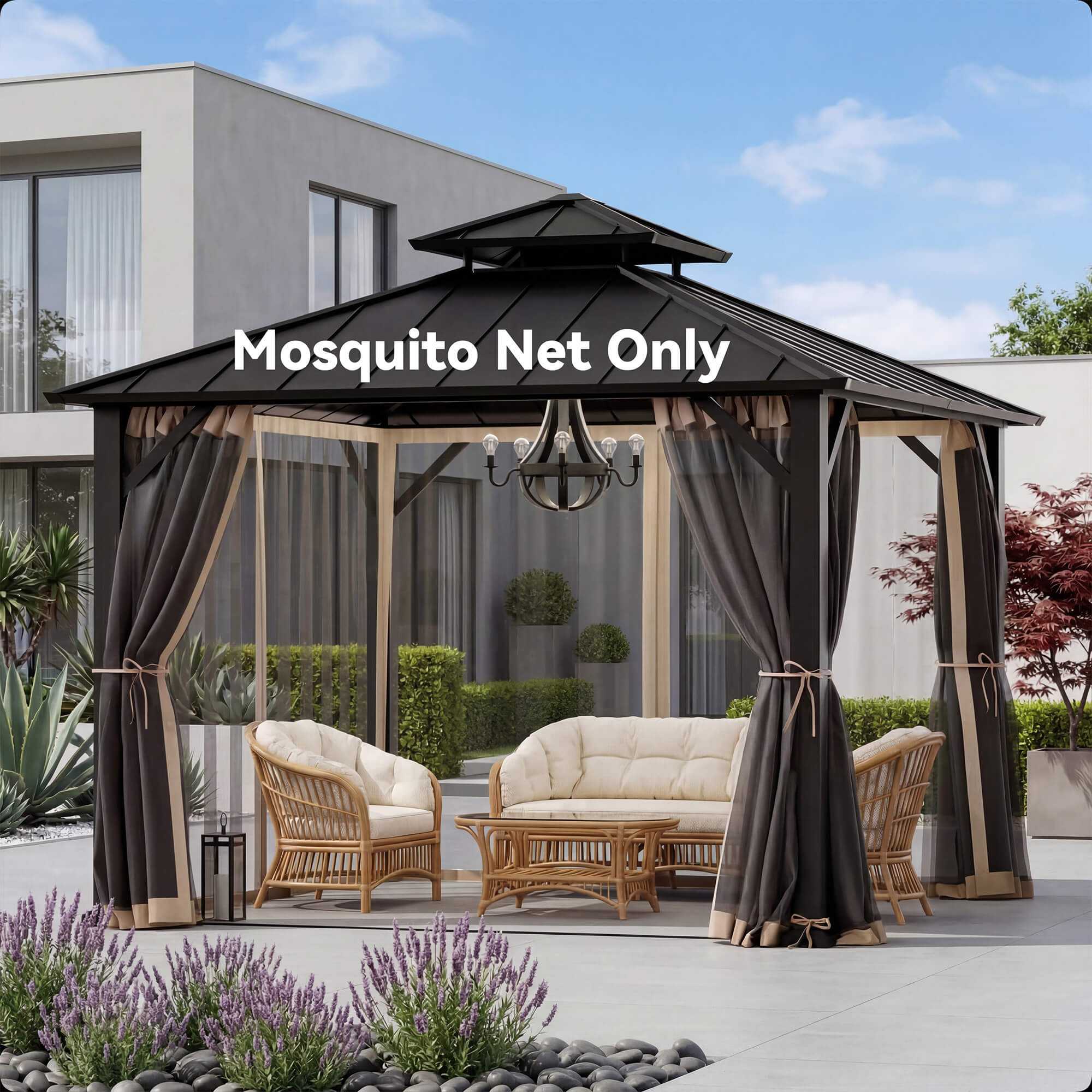 【BLACK】Open Color Mesh 8'x8' Mosquito Netting for Gazebo with Two-way Zipper – Modern Shade