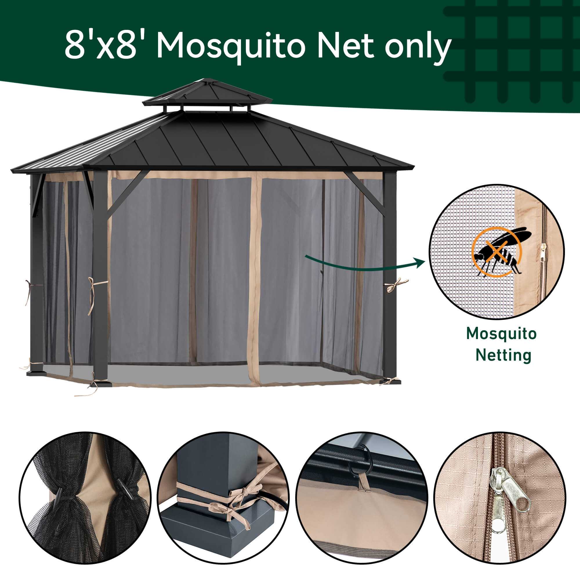 8'x8' Mosquito Netting for Gazebo with Two-way Zipper – Modern Shade