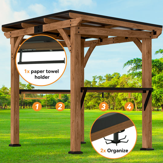 Modern Shade Cedar Wood Grill Gazebo 6' X 8' Patio Gazebo with Galvanized Steel Roof USB and USB-C Charging Ports