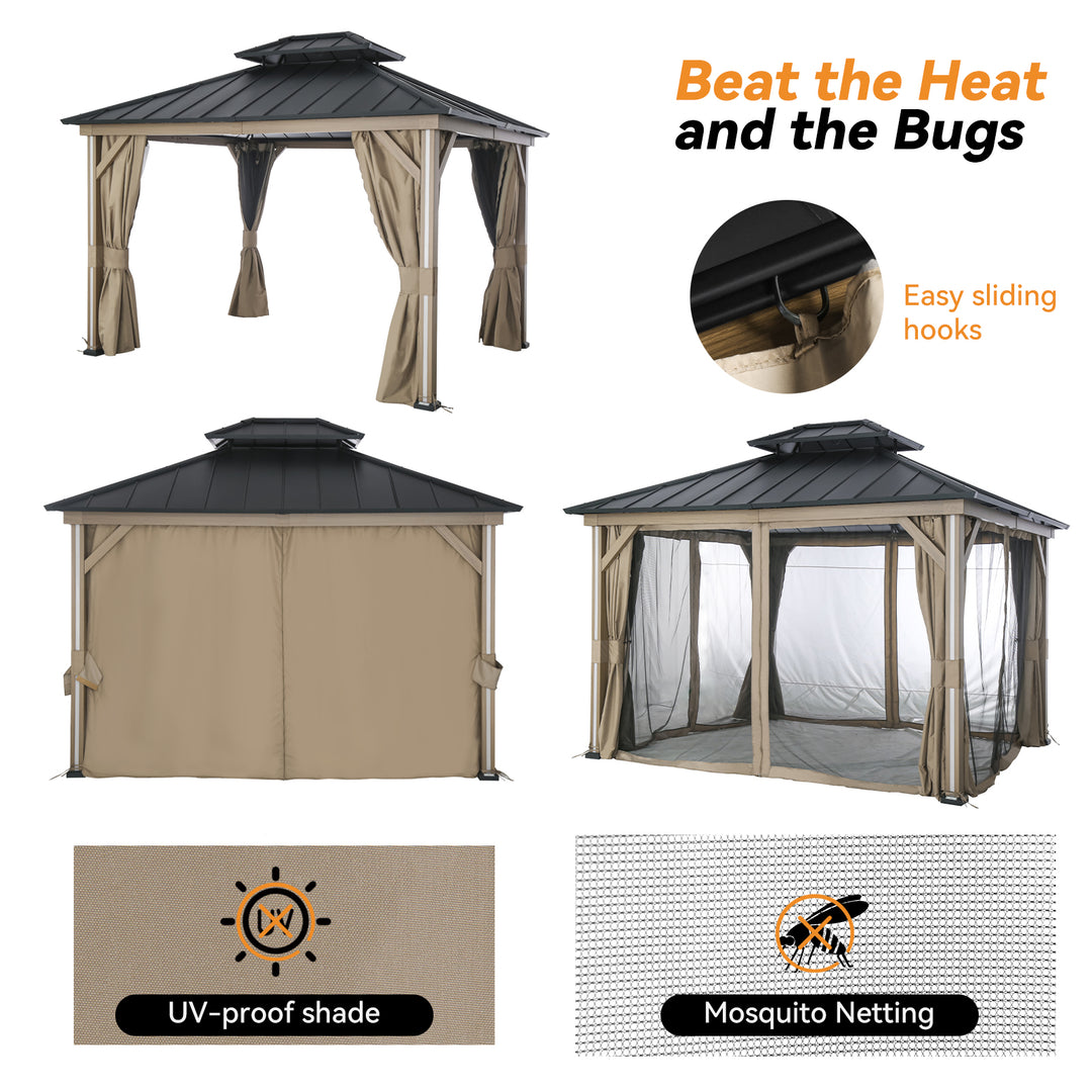 Modern Shade 10' x 12' LED Patio Gazebo Double Roof Gazebo with Mosquito Netting and Curtains