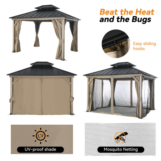 Modern Shade 10' x 12' LED Patio Gazebo Double Roof Gazebo with Mosquito Netting and Curtains