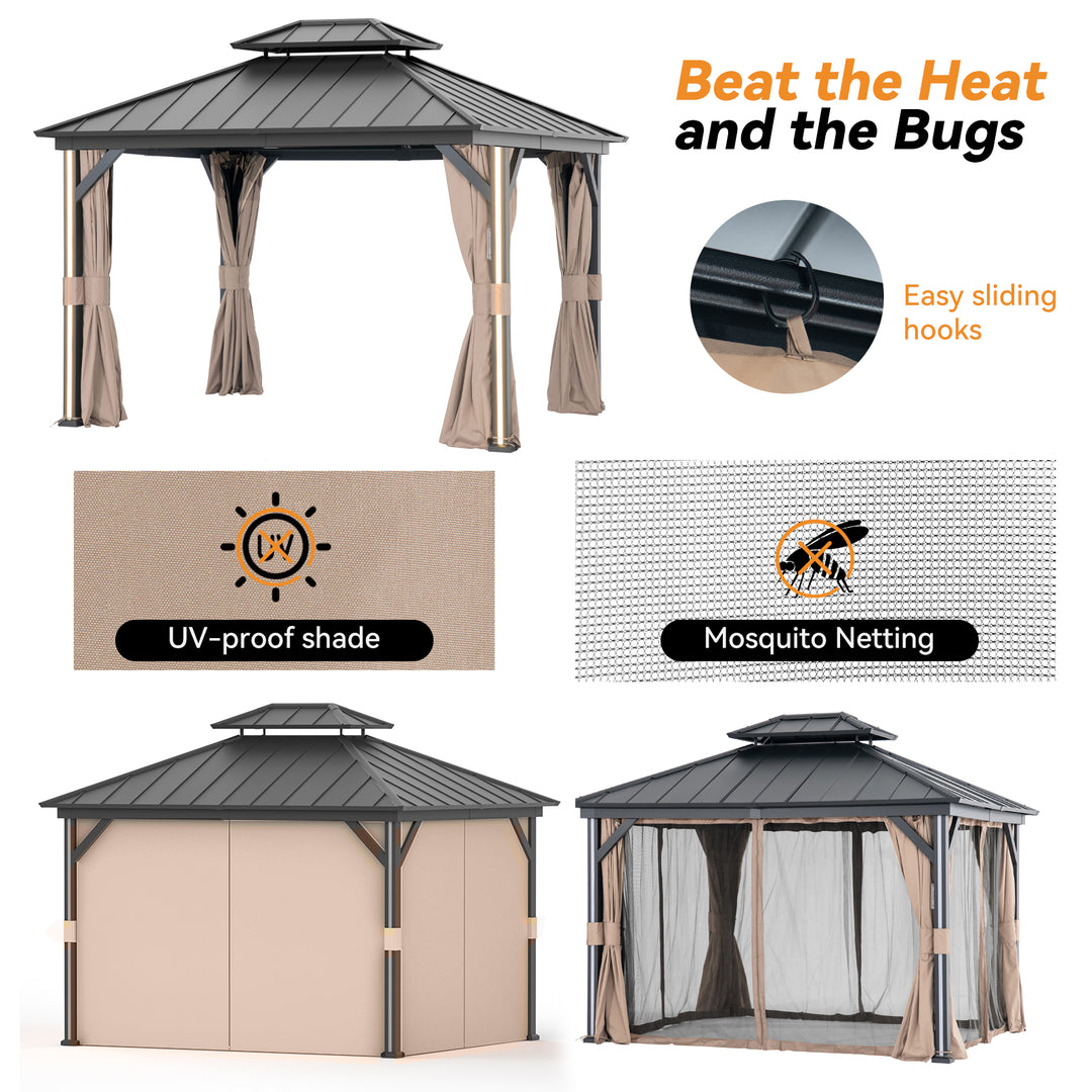 Modern Shade 10' x 12' Hardtop Gazebo with Galvanized Steel Double Roof and 4 LED Lights