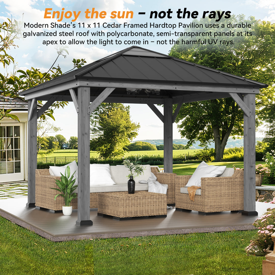 Modern Shade 11' x 11' Cedar Wood Gazebo with Galvanized Steel and Polycarbonate Hip Roof Hardtop