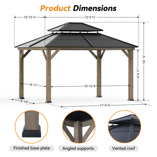 Modern Shade 11' x 13' Cedar Wood Gazebo with Robust Double Steel Roof and Sturdy Hooks for Garden and Deck