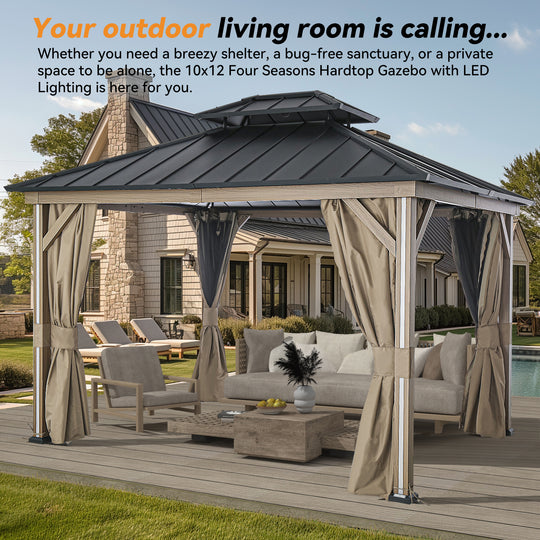 Modern Shade 10' x 12' LED Patio Gazebo Double Roof Gazebo with Mosquito Netting and Curtains