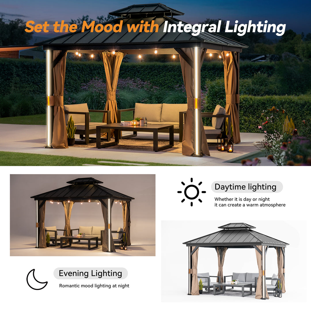 Modern Shade 10' x 12' Hardtop Gazebo with Galvanized Steel Double Roof and 4 LED Lights