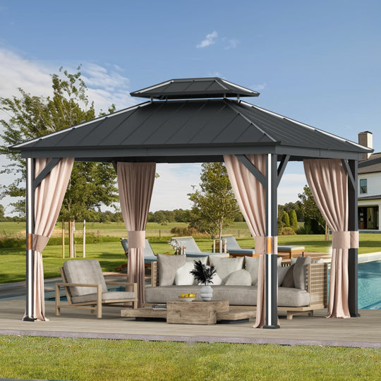 Modern Shade 10' x 12' Hardtop Gazebo with Galvanized Steel Double Roof and 4 LED Lights