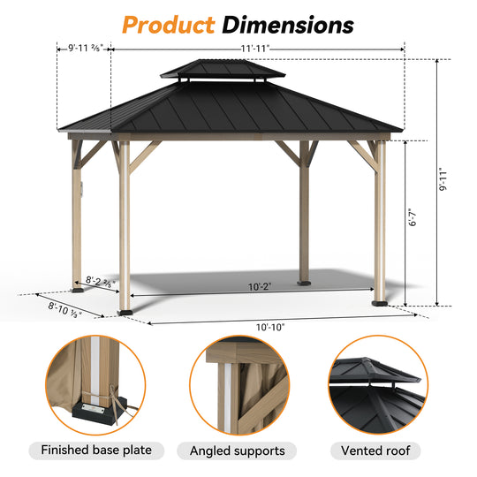 Modern Shade 10' x 12' LED Patio Gazebo Double Roof Gazebo with Mosquito Netting and Curtains