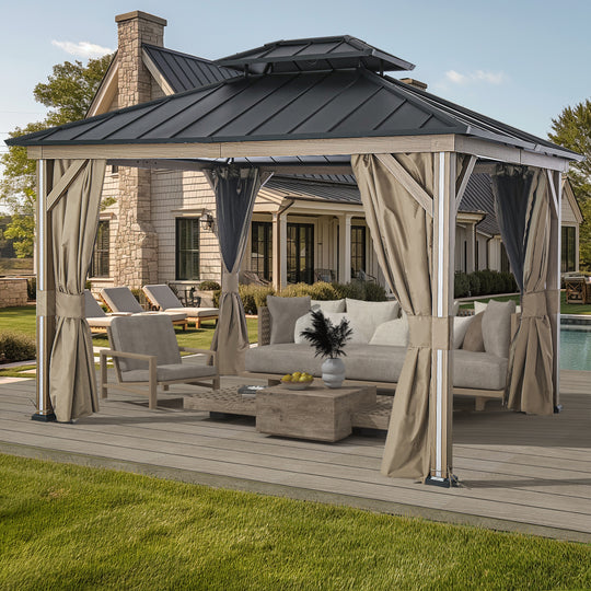 Modern Shade 10' x 12' LED Patio Gazebo Double Roof Gazebo with Mosquito Netting and Curtains