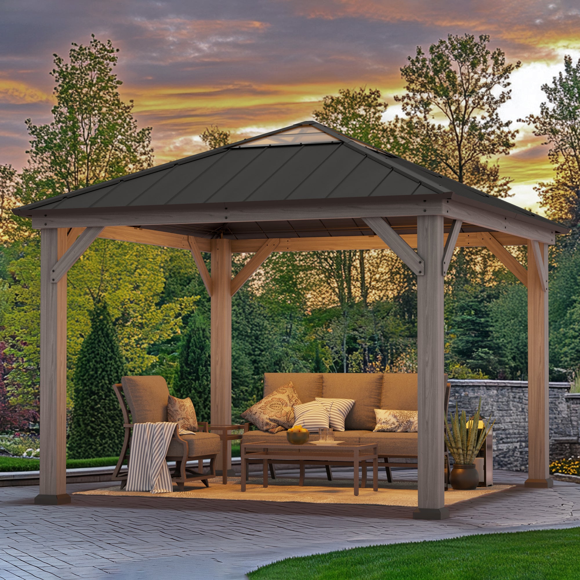 ⑥GOOD GRIEF Border Thermal Top 11x11 Wood Gazebo Cedar Frame Hardtop Patio Gazebo - SUNJOY