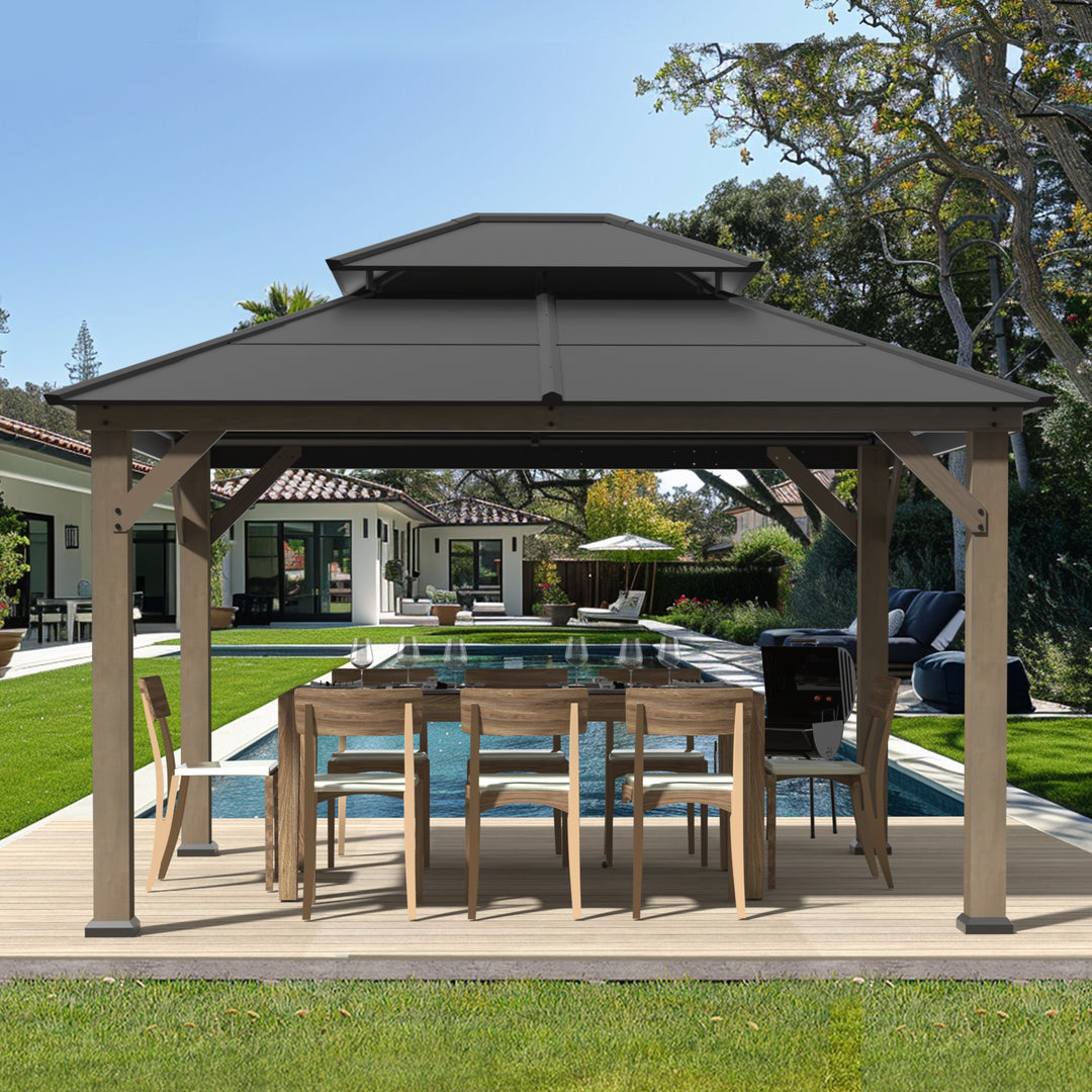 Modern Shade 11' x 13' Cedar Wood Gazebo with Robust Double Steel Roof and Sturdy Hooks for Garden and Deck