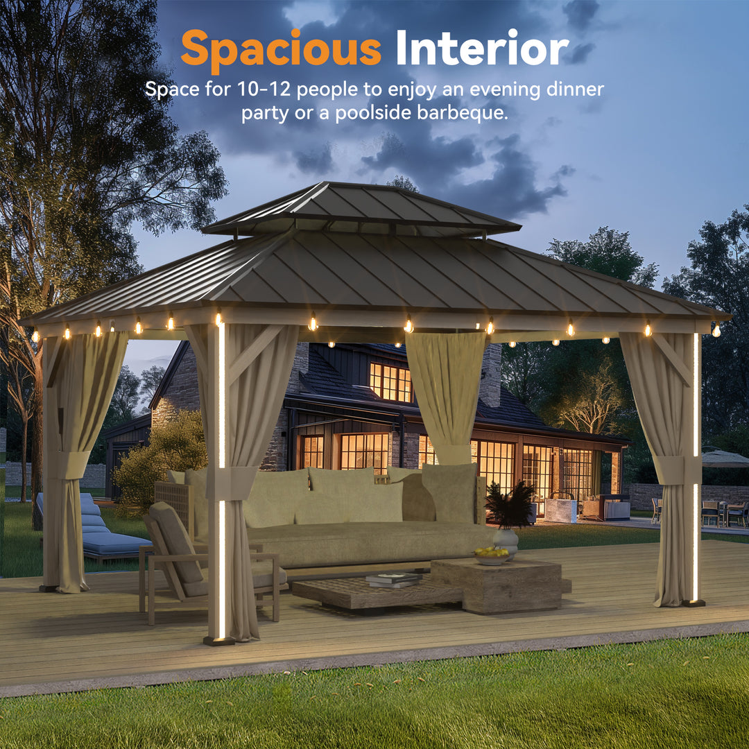 Modern Shade 12' x 14' Hardtop Gazebo with 4 LED Strip Lights Galvanized Steel Double Roof Mosquito Netting and Wood-Look Curtains