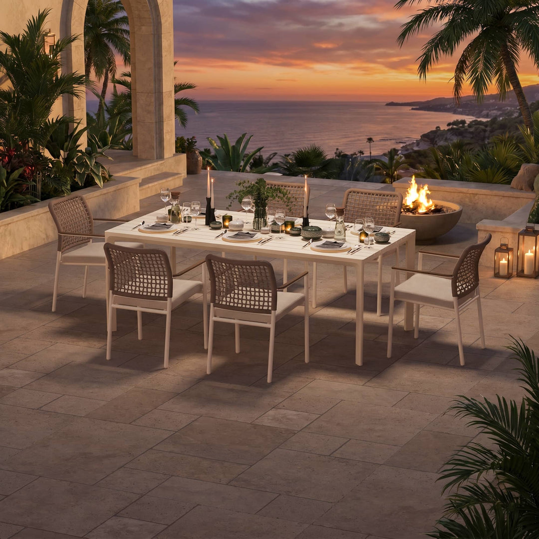7-teiliges Outdoor-Esszimmer-Set aus Aluminium mit Seilstühlen