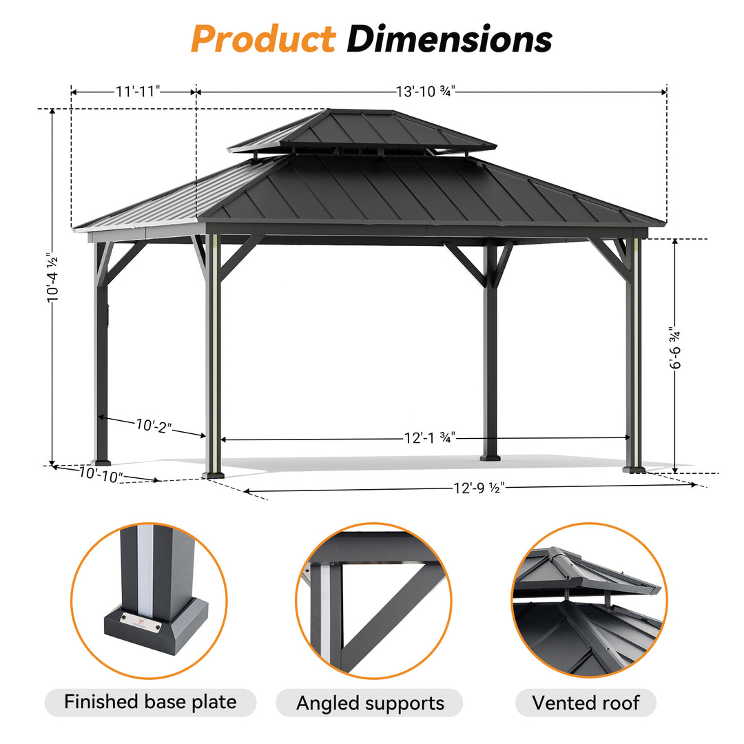 Modern Shade 12' x 14' Four Season Hardtop Gazebo with LED Strip Lights Galvanized Steel Double Roof Mosquito Netting and Curtains