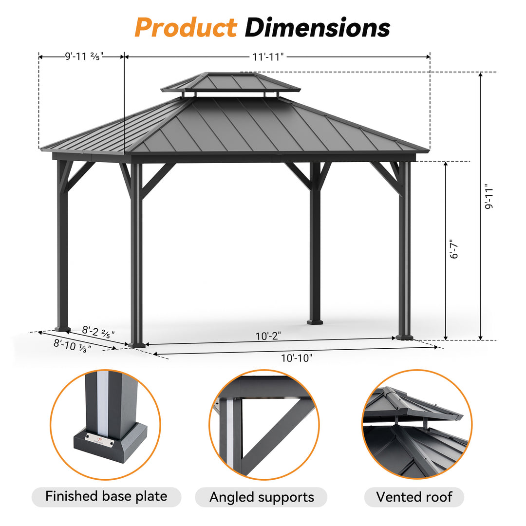 Modern Shade 10' x 12' Hardtop Gazebo with Galvanized Steel Double Roof and 4 LED Lights