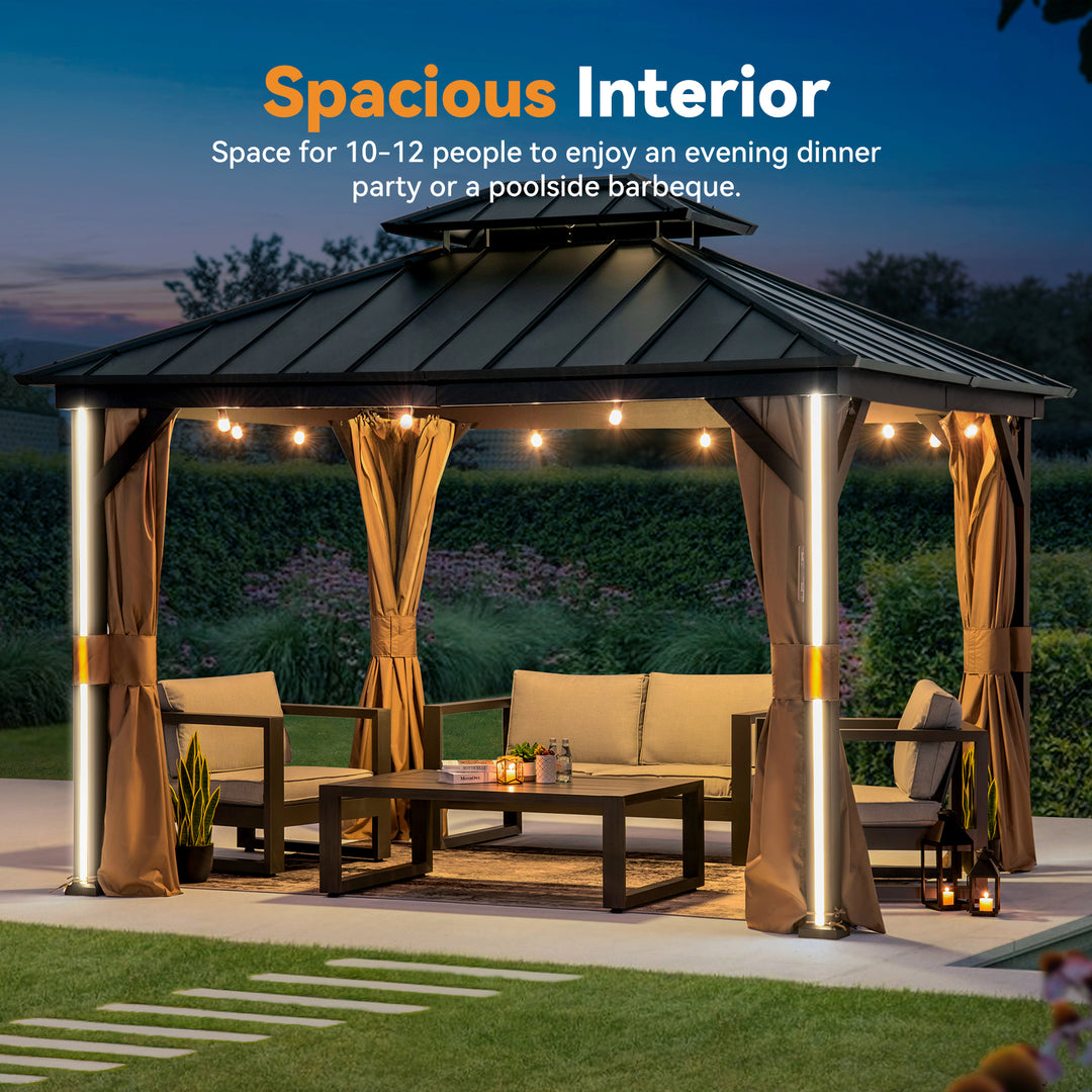 Modern Shade 10' x 12' Hardtop Gazebo with Galvanized Steel Double Roof and 4 LED Lights