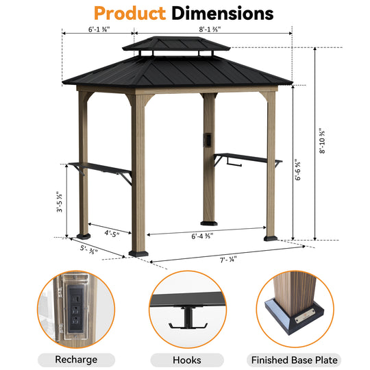 Modern Shade Grill Gazebo 6' X 8' Aluminum with Shelves Ceiling Hook and Galvanized Steel Roof for Wood Look Design