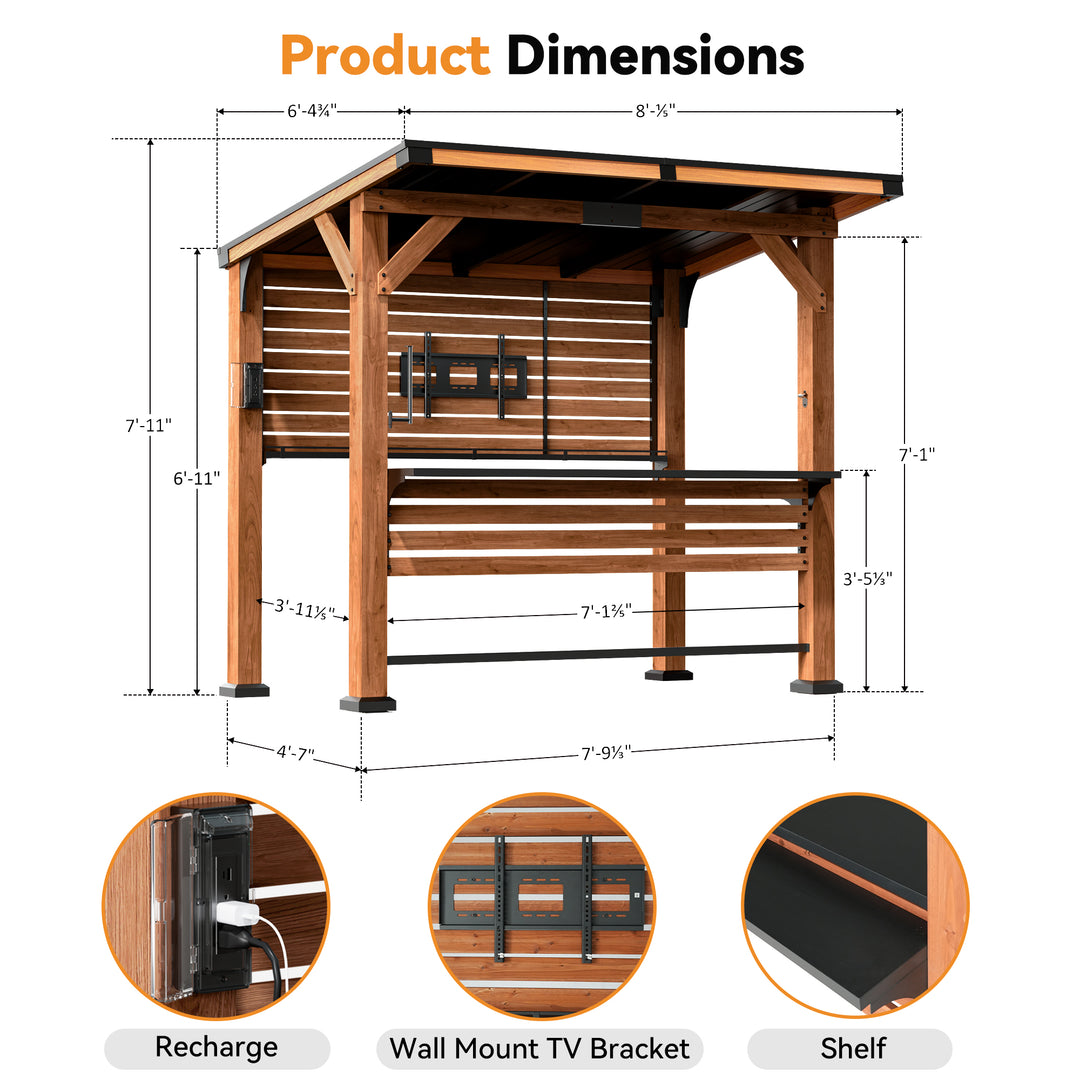 Modern Shade The Aura Cedar Wood Entertainment Bar Center, Wooden Gazebo Grill Pavilion with Shelves & Paper Towel Holder, Patio Gazebo with Hardtop Steel Roof, TV Mount, Power strip, BBQ Bar Gazebo for Patio Backyard