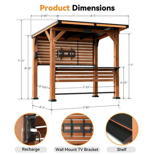 Modern Shade The Aura Cedar Wood Entertainment Bar Center, Wooden Gazebo Grill Pavilion with Shelves & Paper Towel Holder, Patio Gazebo with Hardtop Steel Roof, TV Mount, Power strip, BBQ Bar Gazebo for Patio Backyard