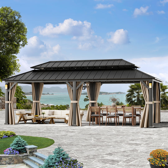 Modern Shade The Horizon Permanent Hardtop Gazebo 12' x 24' with 4 LED Lights, Outdoor Gazebo w/Galvanized Steel Double Roof, Patio Pavilion w/Decor Hooks, Mosquito Nettings, Black