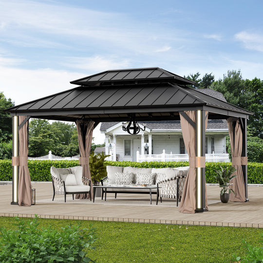 Modern Shade Permanent Hardtop Gazebo 12' x 16' with 4 LED Lights Aluminum Frame Patio Gazebo with USB Charging Port Deck Mosquito Netting and Curtains Black