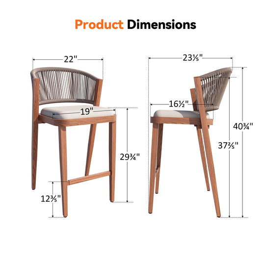 29 3/4" Bar Height Bar Stools with Hand-woven Rope Backrest Set of 2