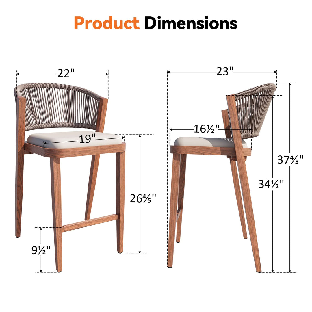 26 4/5" Thekenhocker mit handgeflochtener Seil-Rückenlehne, 2er-Set