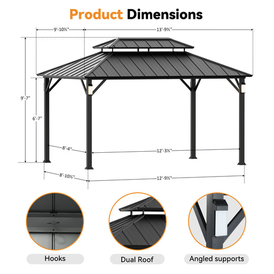 Modern Shade The Horizon Permanent Hardtop Gazebo 10' x 14' w/ 4 LED Lights Outdoor Gazebo w/ Galvanized Steel Double Roof Patio Gazebo w/ Decor Hooks Mosquito Nettings Black