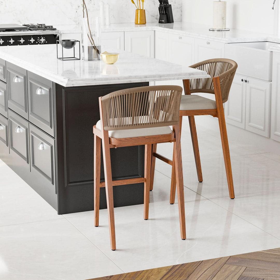 29 3/4" Bar Height Bar Stools with Hand-woven Rope Backrest Set of 2