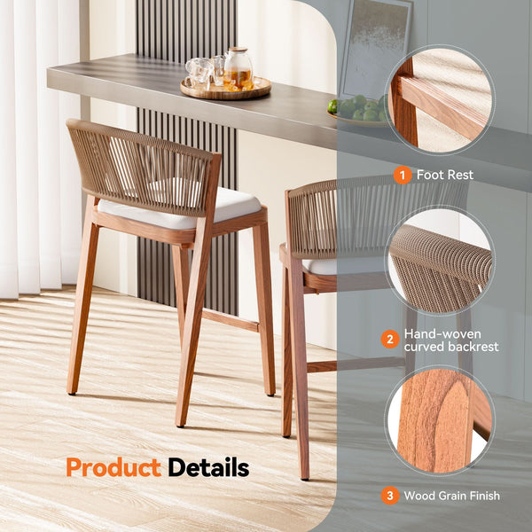 26 4/5" Counter Height Bar Stools with Hand-woven Rope Backrest Set of 2