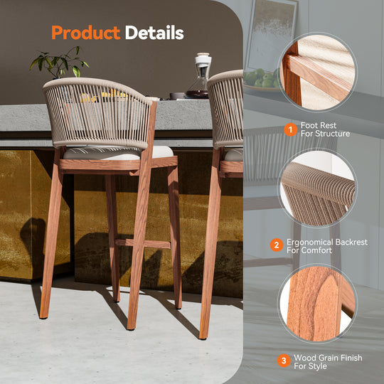 29 3/4" Bar Height Bar Stools with Hand-woven Rope Backrest Set of 2