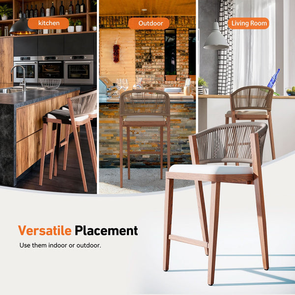 26 4/5" Counter Height Bar Stools with Hand-woven Rope Backrest Set of 2