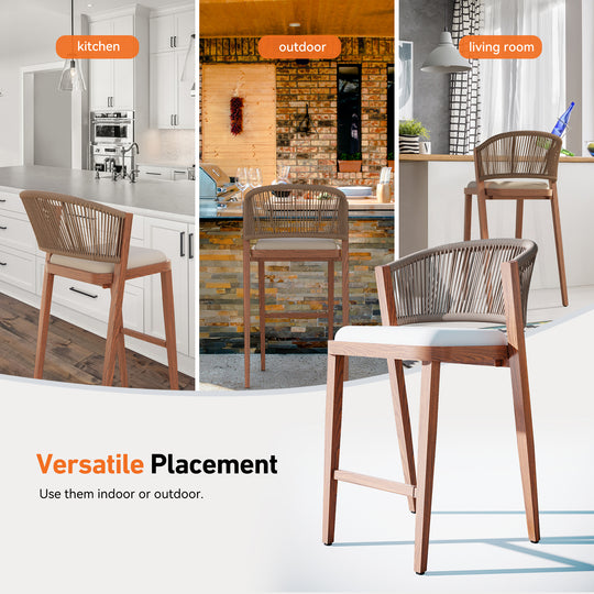 29 3/4" Bar Height Bar Stools with Hand-woven Rope Backrest Set of 2