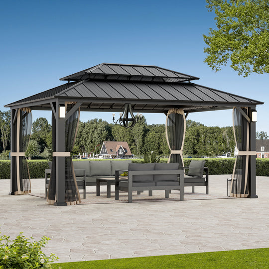 Modern Shade Horizon Permanent Hardtop Gazebo 12' x 16' with 4 LED Lights Patio Gazebo with Decor Hooks Mosquito Nettings Black