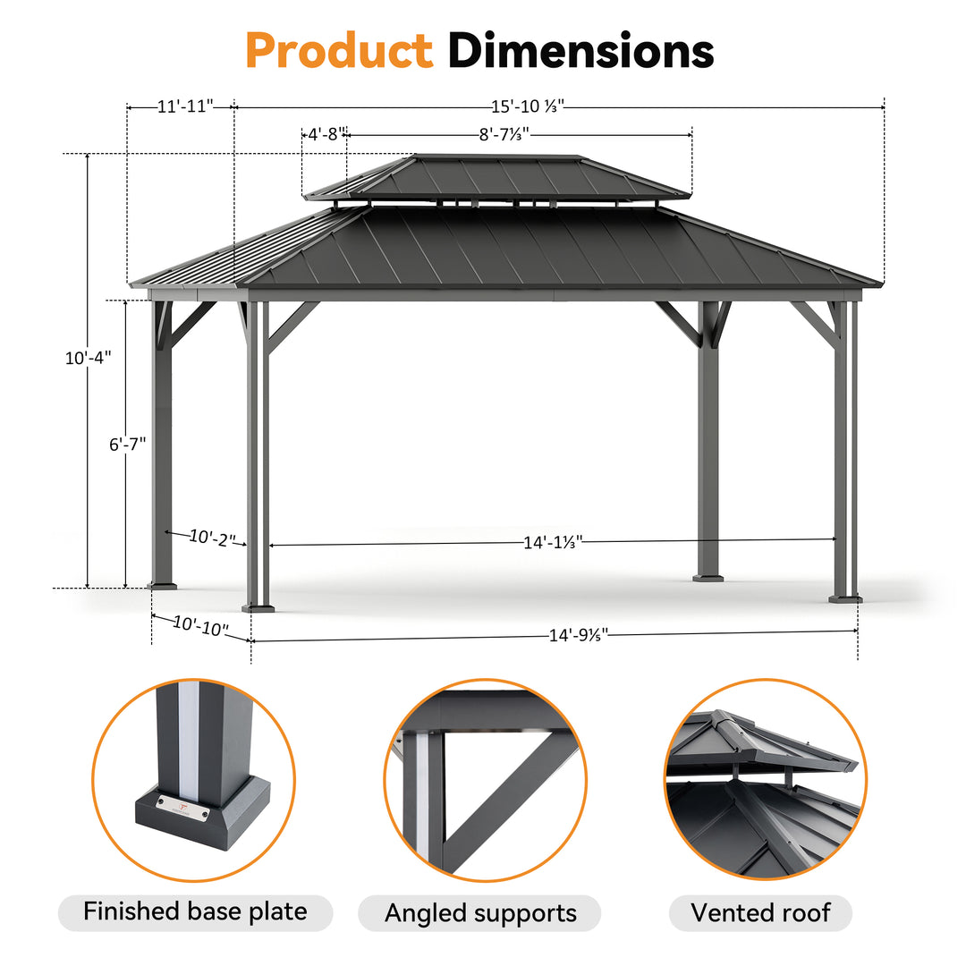 Modern Shade Permanent Hardtop Gazebo 12' x 16' with 4 LED Lights Aluminum Frame Patio Gazebo with USB Charging Port Deck Mosquito Netting and Curtains Black